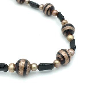 MURANO bead & freshwater pearl choker necklace - black & gold Venetian art glass
